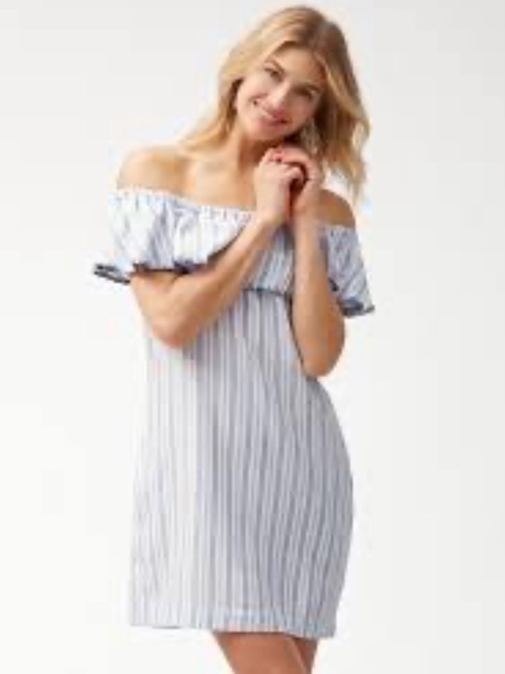 Tommy Bahama White with Blue Ticking Pinstripes Off-the-Shoulder Dress Sz Medium